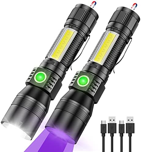 UV Flashlight Black Light, 2 Pack 3 in 1 Super Bright Small Rechargeable Flashlights 1200 High Lumens, Waterproof Magnetic LED Flashlight, 7 Modes Pocket Flash Light for Pet Urine Detection, Camping