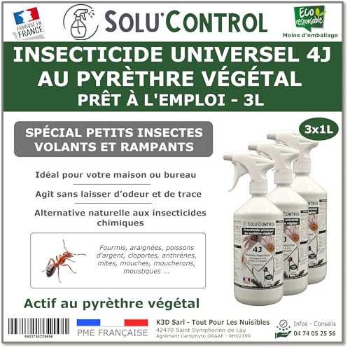Solu’Control Insecticide Universel 4J au Pyrèthre Végétal – Prêt à l’Emploi 3L (3x1L) – Spécial Insectes volants et rampants – Sans PBO – Fabriqué en France