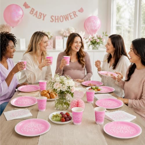 Image of Rozi Decoration Baby Shower Party Tableware Set - Pink Paper Plates, Cups & Napkins | Disposable Baby Girl Shower Decoration Supplies | Elegant Table Decor for Baby Welcome Party Set of 28 Pcs