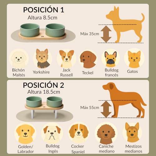 Miniatura 7 de Belmin Comedero Perro Elevado Y Bebedero Perro Cuencos De Cerámica Resistente Altura Regulable En 2 Niveles Base De Bambú Natural Alfombrilla Antideslizante Ideal Para Perros Y Gatos