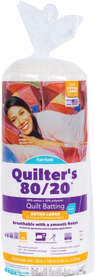 Fairfield Quilter’s 80/20 Quilt Batting, Premium Cotton and Polyester Batting for Quilting, Ideal for Clothing, Crafts, Wall Hangings, and Quilts, Quilting Supplies, 90" x 108"