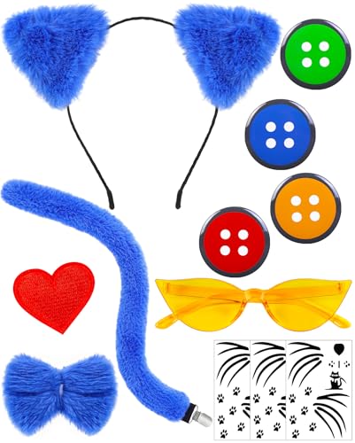 12 Pcs Blue Cat Costume Set Cat Ears Headband and Tail Bowtie Costume Accessories with Sunglasses Button and Heart Shape Pin for Read Book Day Dress Up Halloween Party Cosplay Costume