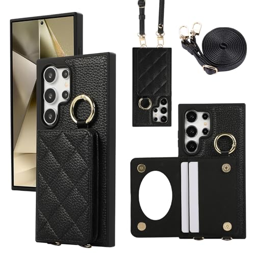 Étui Samsung S24 Ultra portefeuille en cuir avec collier réglable et miroir de maquillage