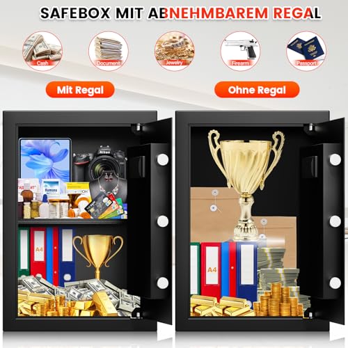 Fingerabdruck Tresor für Zuhause mit Feuerfester Tasche, Safe Tresor Fingerabdruck mit Abnehmbares Regal und Dualer Alarmmodus, Digitaler Möbeltresor für Geld Medikamente Dokumente(67L)