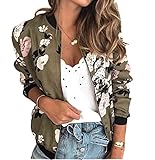 Janepam Women Pilot Bomber Jacket Plus Size Flower Floral Leopard Dot Pattern Print Baseball Aviator Zipper Flight Outerwear(A Army Green,5XL)