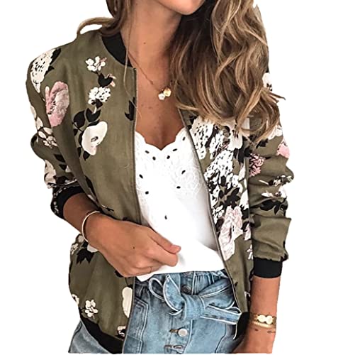 Mayntop Women Pilot Bomber Jacket Plus Size Flower Floral Leopard Dot Pattern Print Baseball Aviator Zipper Flight Outerwear(A Army Green,3Xl) #TOP6
