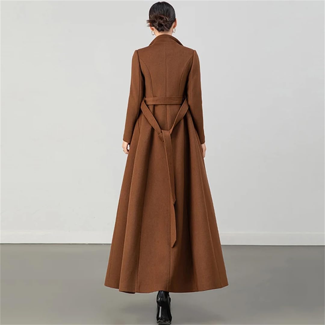Suwequest Women Winter Coffee Wool Blended Overcoat Fashion Stand Collar Single Breasted Slim Long Woolen Coat