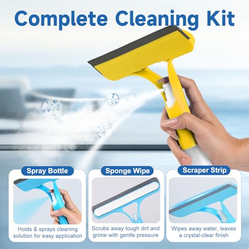 3 in 1 Window Cleaning Scraper, 2025 Upgraded Window Squeegee for Home with Sprayer,Sponge Wipe,Scraper, Bathroom Shower Squeegee for Glass Doors, Mirrors, Tile Shower Walls, Car Windows, Countertop