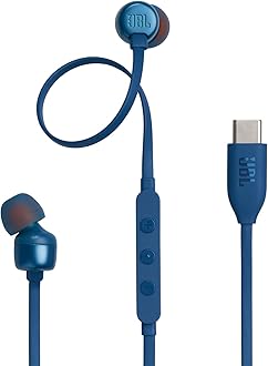 JBL Tune 310 C Hi-Res Wired Earbuds with Microphone, Flat Tangle-Free Cable, 3-Button Remote, EQ Presets Control and Volume Adjustment, Blue