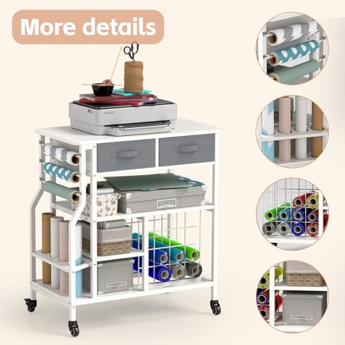 Image of Organization and Storage Rolling Craft Organizer Cart Compatible with Machine Cart with Drawers Vinyl Roll Holder Storage Cabinet for Home Craft Room