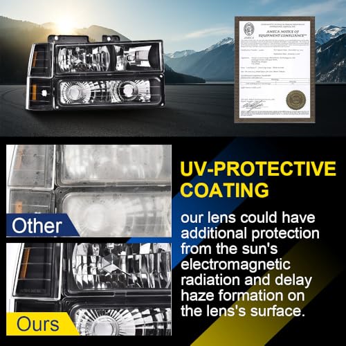 Image of GRAND ORANGE Headlights Assembly, Compatible with GMC Sierra C /K Yukon 1500 2500 1994 1995 1996 1997 1998 Fit Chevy C /K C10 Suburban Corner HeadLamp（Clear lens Black Housing Amber Reflector）