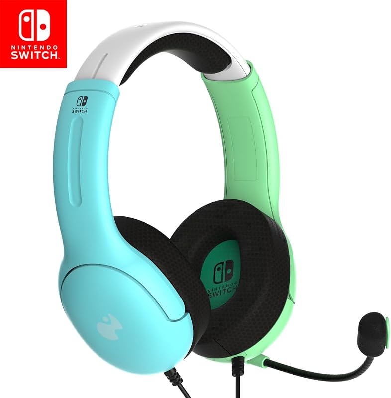 PDP Gaming LVL40 Auriculares estéreo con micrófono para Nintendo Switch/Switch Lite/OLED - Micrófono con cancelación de ruido con cable, ligeros, suaves y cómodos auriculares (Animal Crossing azul y verde)