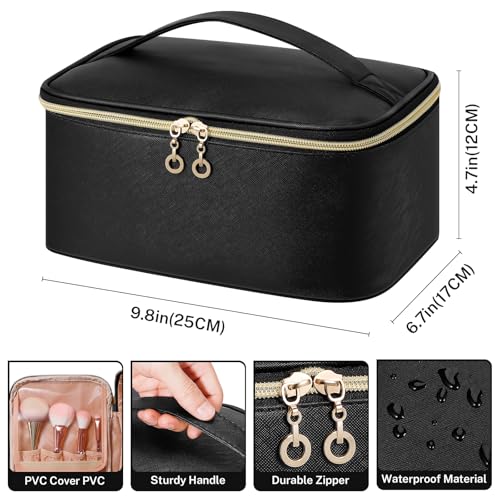 senbowe Travel Makeup Bag, Large Capacity Cosmetic Bags for Women,Portable Waterproof Leather Toiletry Bag Make Up Organizer Bag with Divider and Handle2