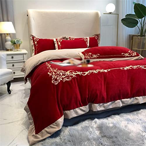 Floyinm Red Quilt Cover Sheet Pillow Cover Velvet Quilt Cover Double Queen Bed 4 Pieces Super Soft Embroidered (Color : D, Size : 220 * 240Cm) #TOP3