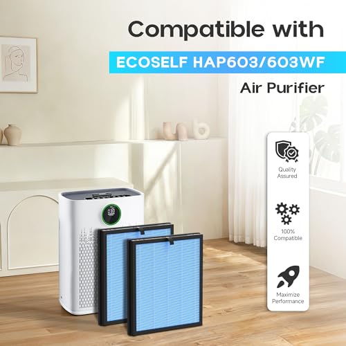 2 Pack HAP603 Replacement Filter Compatible with ECOSELF HAP603/ HAP603WF Air Purifier, 3-Stage Filtration, H13 True HEPA Filter, # RFHAP603, Blue