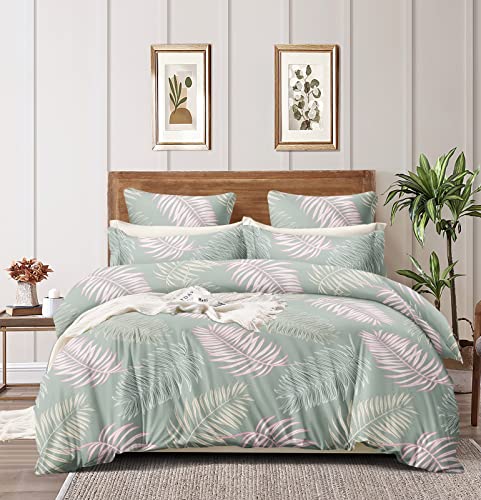 Image of Premium Bedsheet for Double Bed with 2 Pillow Covers Soft Cool King Size Bed Sheet Set Hotel Quality Finish Smooth & Wrinkle Resistant 210 TC (90 x 100 Inch) Sage Green Base Tropical Leaf Print