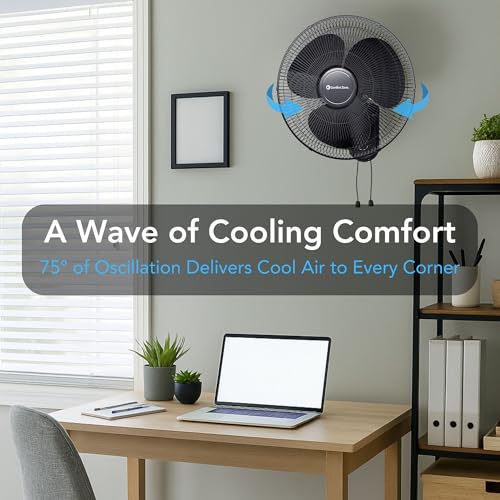 Comfort Zone Oscillating Wall Mounted Fan, 16 inches, 3 Speeds with Adjustable Tilt and Metal Grille, 90 Degree Oscillation, Ideal for Home, Bedroom, Gym or Office, Black