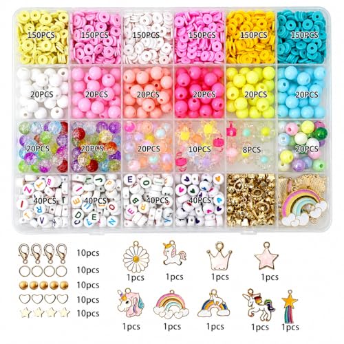 Image of curve creation Bracelet Making Kit for Girls Jewellery Making Kit with Clay Beads Letter Beads Unicorn & Rainbow Charms Crystal Beads Elastic String & Scissors Friendship Bracelet Craft Kit for Kids