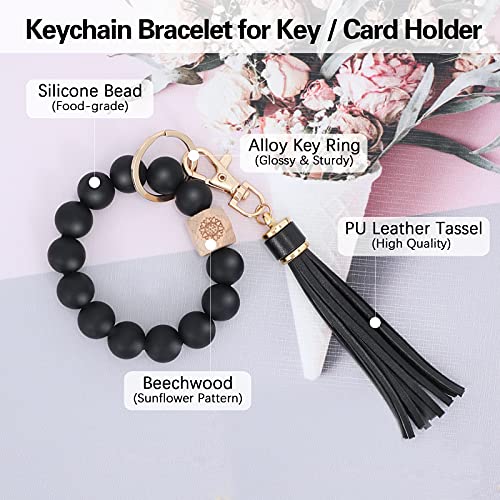 Keychain Bracelet Elastic Silicone Beaded Wristlet Bangle Car Keys Wallet Holder Chains For Women Black #TOP1