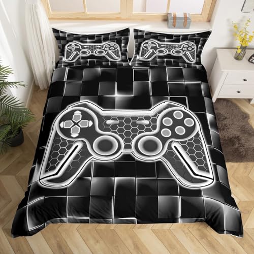 Homemissing Kids Gamer Bedding Set Single Grey and Black Bedding Duvet Cover Set For Boys Decor Gaming Ombre Comforter Cover Set Geometric Square Bedspread Cover 2Pcs