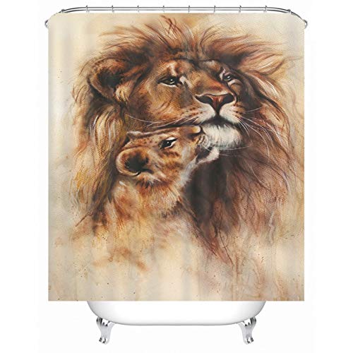 EHOMERY Duschvorhang Jalousie Duschrollo Für Badewanne L Form Löwe Polyester Beige Rostfreie Ösen Und 12 Hakenringe, 120X180Cm