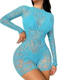 OYOANGLE Women's Floral Lace See Through Long Sleeve Sheer Mesh Hollow Out Bodysuit Romper Jumpsuits Mint Blue One-Size
