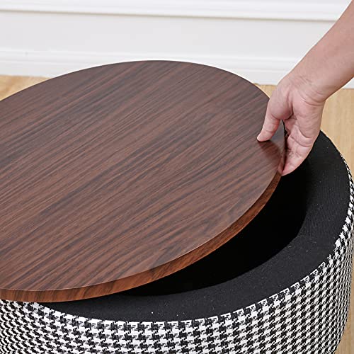Fuente Luz Multi-Function Long Leg Round Coffee Table With Storage Cotton Linen Like Fabric, Ottoman As A Footstool, Deep Walnut Table Top Feet High-Capacity Indoor For Living Room (Black Check) #TOP6