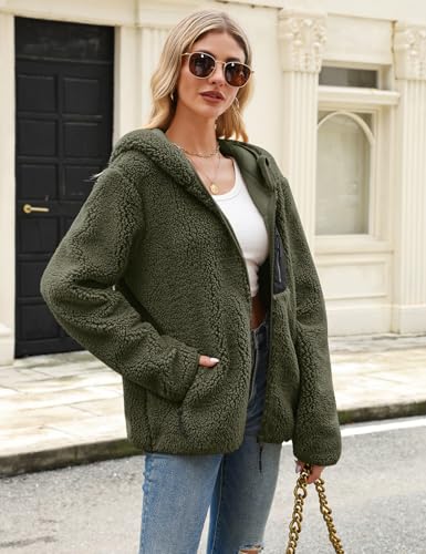RITOSTA Fleecejacke Damen Winter Teddyjacke mit Kapuze Teddyfleece Kapuzenpullover Warme Herbstjacke Winterjacke Sherpa Damen-Jacken Zipper Hoodie Mantel Outdoor Plüschjacke mit Taschen(Grün,M)
