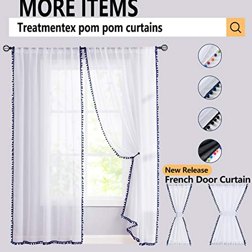 Snow White Sheer Curtains 95" Bedroom Decorative Pompom Trimmed Voile Window Curtain For Living Room Linen Look 2 Panels #TOP6