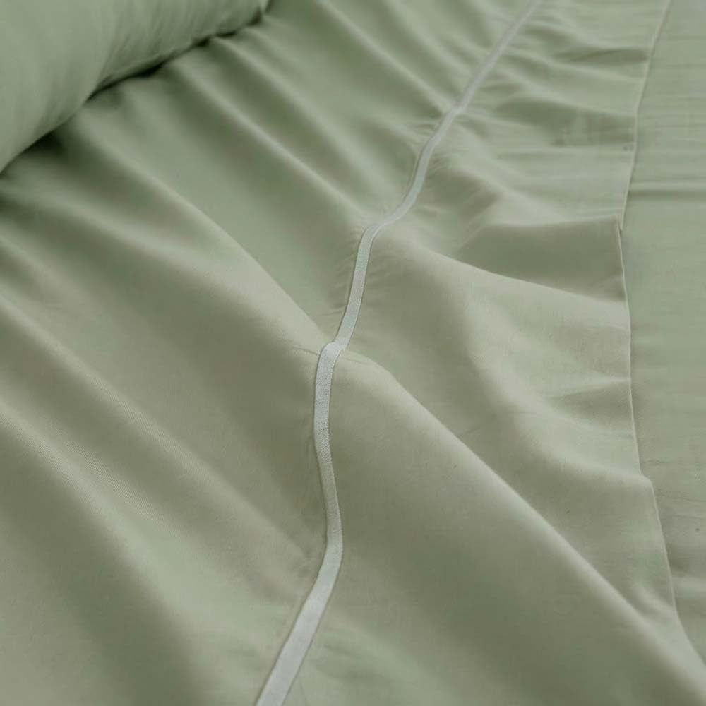 COTTON ARTean Juego de sábanas 150x190 / 200 Saten algodón Egipcio DE 300 Hilos LEUNA Verde claro 4 piezas: Encimera, 2 Fundas de Almohada, Bajera Ajustable