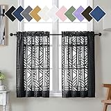 Simplebrand Black Sheer Kitchen Curtains 36 Inch Length Tier Curtains 2 Panels, Light Filtering Geometric Jacquard Clip Textured Semi Sheer Short Window Curtains for Bathroom, 42x36 inch