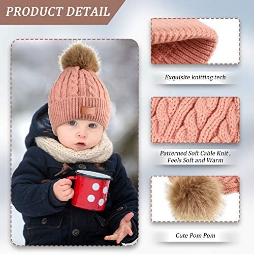 3 Pieces Kids Knitted Woolen Hat Winter Warm Pom Pom Beanie Cap Knit Hat with Detachable Pom for 1-3 Years Old Girls Boys