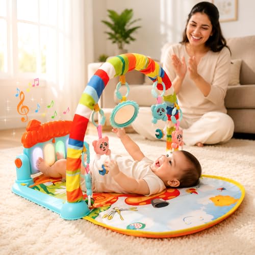 Image of Kidsmate Little Explorer Play Gym Mat for Babies 0 to 12 Months, Kick and Play Piano Baby Gym, 4 Hanging Rattles & Mirror, Tummy Time Activity Play Mat, Newborn Toys Gift for Baby Boys and Girls