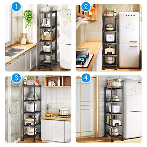 Pxrack 5 Tier Heavy Duty Storage Shelf Rack With Rolling Wheels, Adjustable Kitchen Baker's Rack, Shelving Metal Storage Shelves Standing Unit For Kitchen Living Room Garage Office Outdoor, Black #TOP6