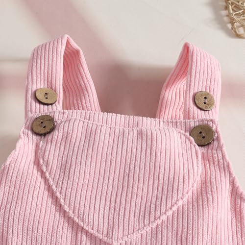 LUVCES Neugeborene Baby Mädchen Outfit Cord-Hosenträgerrock + Gerippte Langarm Top mit Herz+ Stirnband 3-teiliges Herbst Winter Kleidungsset 3Pcs Rosa Liebesherz 12-18 Monate