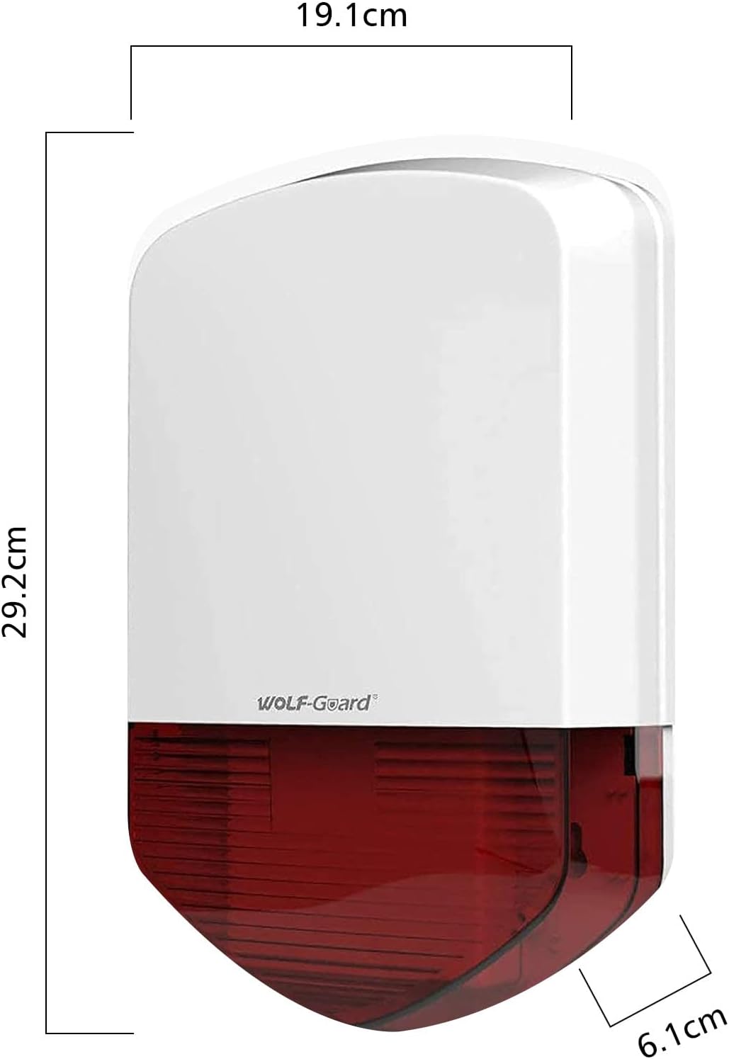 Dimensions of the Wolf Guard LB-01A siren unit: 29.2cm height, 19.1cm width, and 6.1cm depth.