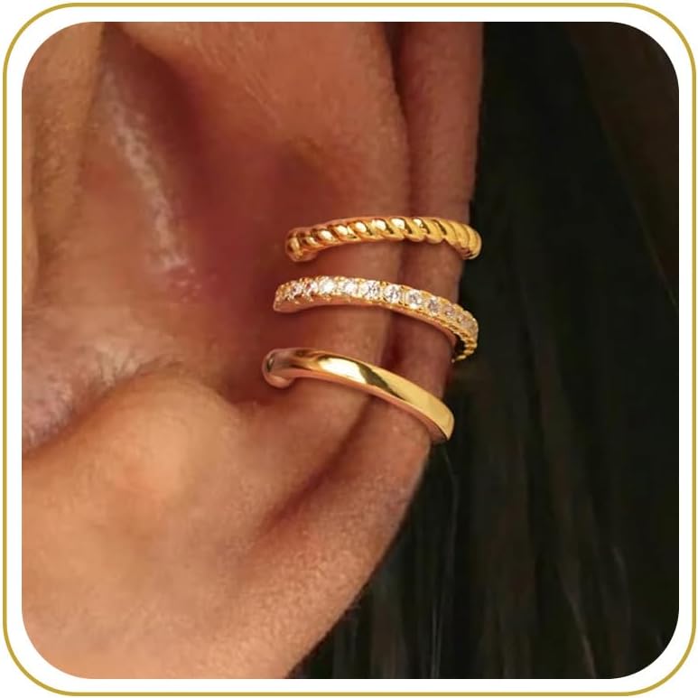 Gold Ear Cuffs Earrings for Women Non Piercing - Clip on Cartilage Earrings Dainty 14K Gold Sterling Silver Plated Cubic Zirconia Huggie Hoop Earring for Women No Tarnish Trendy Jewelry Set