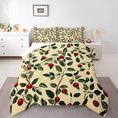 Cherry Kids Comforter Set Single Size,Botanical Tree Branches Rustic Bedding Set,Boys Girls Room Decor,Hawaii Summer Tropical Fruit Down Comforter,Green Beige Duvet Insert,1 Pillowcase