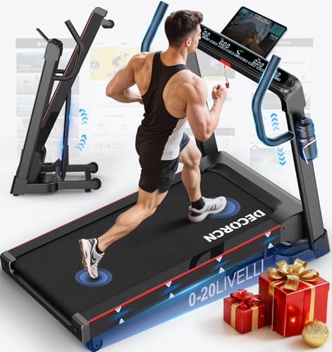 Tapis roulant professionale per la casa Decorcn, salvaspazio, pieghevole, con inclinazione, motore silenzioso, piano di corsa di grandi dimensioni,WiFi, Bluetooth, APP, marchio di qualità tedesco