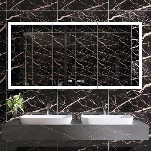 Armario de medicamentos inteligente iluminado de 60" de ancho x 30" de alto con espejo y reloj, montaje empotrado o superficial, antivaho, estación de carga, apertura amplia miniatura 1