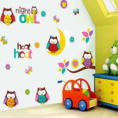 Lovely Owls & Butterflies Branch Wall Decal - Removable Home Sticker, DIY Nursery, Kids Room, Living Room Decor