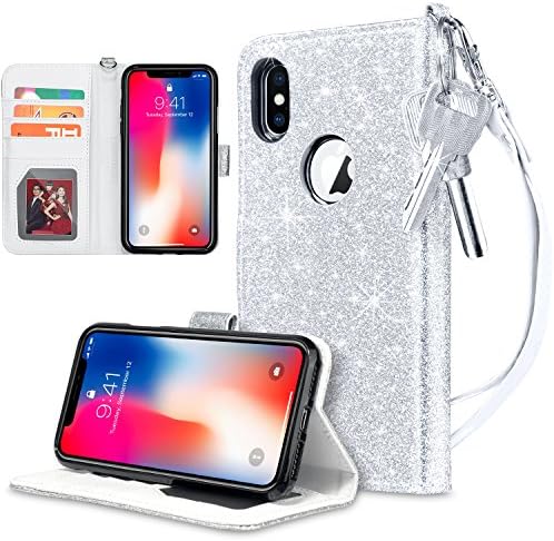 UARMOR Wallet Case for Apple iPhone X / iPhone 10 / iPhone XS 5.8 inch, Glitter Bling Sparkle Shiny PU Leather Folio Flip Case With Kickstand ID Credit Card Holder Shockproof Rubber Cover, Silver