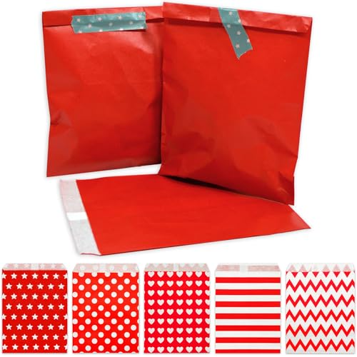Frau WUNDERVoll® 25 Papiertüten rot, 13 x 16,5 cm, 45 Gramm Papier, flach/Candy Bar, Hochzeit, Kindergeburtstag, Papiertütchen, Candybag, Tüten, Mitgebseltüten
