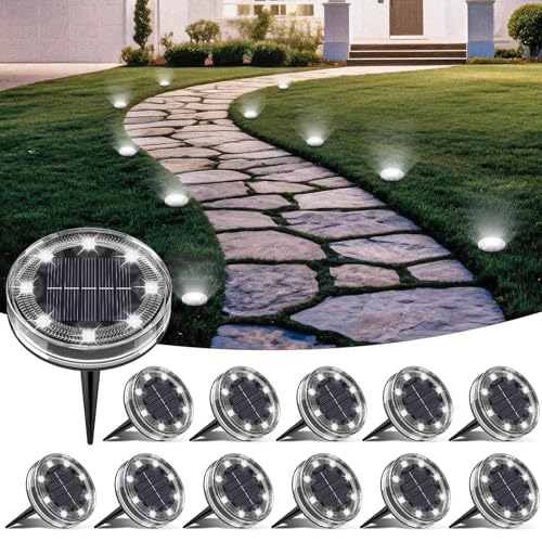 LOTMOS Lot de 12 Lampe Solaire Au Sol, 8 LED Lumiere Solaire Exterieur Jardin IP68 Étanche, Spot Solaire Extérieur pour Chemins Pelouse Terrasse Allée Cour...