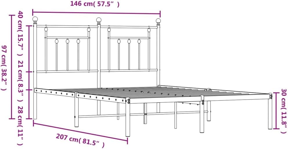Dimensional diagram of the vidaXL Black Steel Bed Frame with measurements in centimeters and inches.