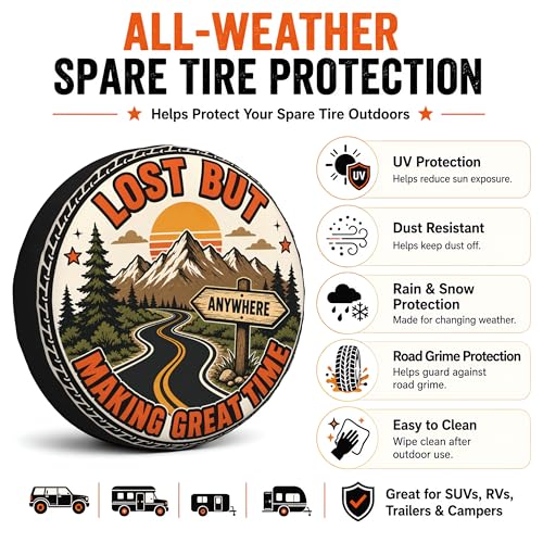 Image of Funny Spare Tire Cover, Lost But Making Great Time Printed Tire Cover for SUVs RVs Trailers Campers Trucks, Outdoor Spare Wheel Protector(15 inch for Diameter 27 inch-29 inch)