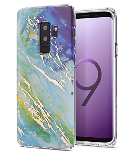 Galaxy S9+ Plus Case,Spevert Marble Pattern Hard Back Soft TPU Raised Edge Ultra-Thin Shock Absorption Hybrid Protective Case Slim Cover Compatible Samsung Galaxy S9+ Plus(2018 Released) - Blue Green