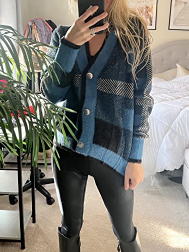 Dokuritu Women's Fuzzy Cardigan Sweaters Button Plaid Knit Open Front Cardigans Checkered Long Sleeve Navy Blue Sweater Outwear Top (Harbourblue,L) #TOP1