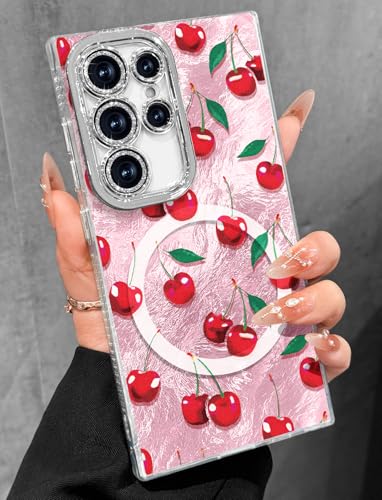 Toycamp for Samsung Galaxy S24 Ultra Case - Compatible with Magsafe Aesthetic Cute Holographic Galaxy S24 Ultra Case with Diamond Bling Lens Protector Cover for Women Girls, PK Cherry