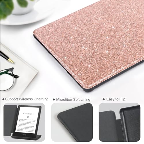 Image of CoBak Case for All New 6 Inch E-Reader 2024 and 2022 (11 Generation) - PU Leather Smart Cover, Auto Sleep and Wake, not Compatible with Kobo Clara,Rosegold Glitter
